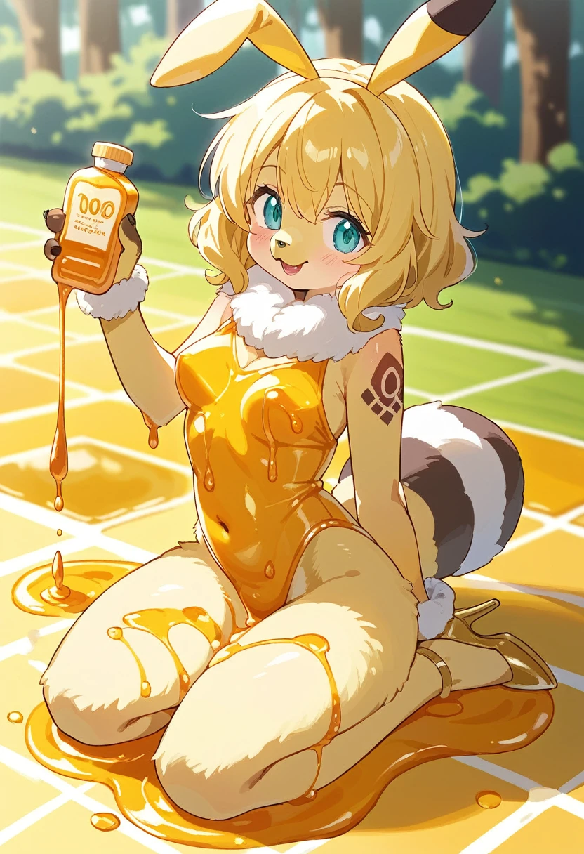 Highest quality, Highest quality, High quality illustrations, masterpiece, Ultra-high resolution, Detailed Background, honeycomb, in the forest, Absurd, Perfect Anatomy, performance, Good lighting, Shadows in the movies(kemono, Furry Personifi猫ion), bee, Honey Skin, Honey Latex, Honey Latexスーツ, Honey Lotion, beeスーツ, beeのコスチューム, beeのコスプレ, ゴム製のbeeのしっぽ, beeの羽, Honey Pool, Honey Lotionを浴びている, Covered entirely in honey slime, Kneeling, Tattoo, High heels, Honey Latexマスク, Dynamic Angle