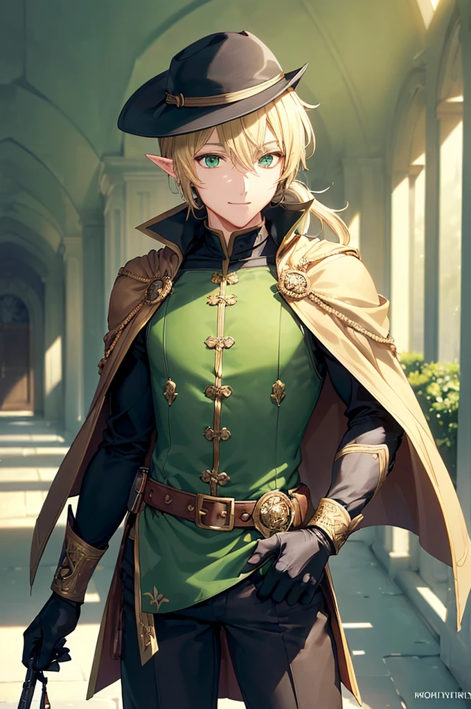 (((masterpiece; best quality: 1.2))), (finely detailed eyes: 1.3), (25 year old elf man), (solo), (green eyes: 1.4), (body; toned, fit, masculine: 1.3), (silky blonde hair in low ponytail: 1.3), (beautiful and clear background: 1.2), ((depth of field)), (equipment: adventurer garb + modest + elegant slim fedora + dark overcoat + dark long cape + black pants + gloves + belt + pouches: 1.3), (anime illustration: 1.2), (background composition; royal garden: 1.1), (extremely fine and handsome: 1.1), (shot composition; standing + centered on torso + close-up: 1.5), (expression; calm, smile: 1.2)