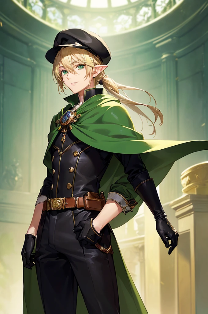 (((masterpiece; best quality: 1.2))), (finely detailed eyes: 1.3), (25 year old elf man), (solo), (green eyes: 1.4), (body; toned, fit, masculine: 1.3), (silky blonde hair in low ponytail: 1.3), (beautiful and clear background: 1.2), ((depth of field)), (equipment: adventurer garb + modest + elegant slim fedora + dark overcoat + dark long cape + black pants + gloves + belt + pouches: 1.3), (anime illustration: 1.2), (background composition; royal garden: 1.1), (extremely fine and handsome: 1.1), (shot composition; standing + centered on torso + close-up: 1.5), (expression; calm, smile: 1.2)