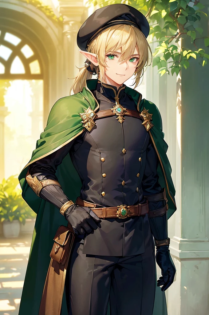 (((masterpiece; best quality: 1.2))), (finely detailed eyes: 1.3), (25 year old elf man), (solo), (green eyes: 1.4), (body; toned, fit, masculine: 1.3), (silky blonde hair in low ponytail: 1.3), (beautiful and clear background: 1.2), ((depth of field)), (equipment: adventurer garb + modest + elegant slim fedora + dark overcoat + dark long cape + black pants + gloves + belt + pouches: 1.3), (anime illustration: 1.2), (background composition; royal garden: 1.1), (extremely fine and handsome: 1.1), (shot composition; standing + centered on torso + close-up: 1.5), (expression; calm, smile: 1.2)