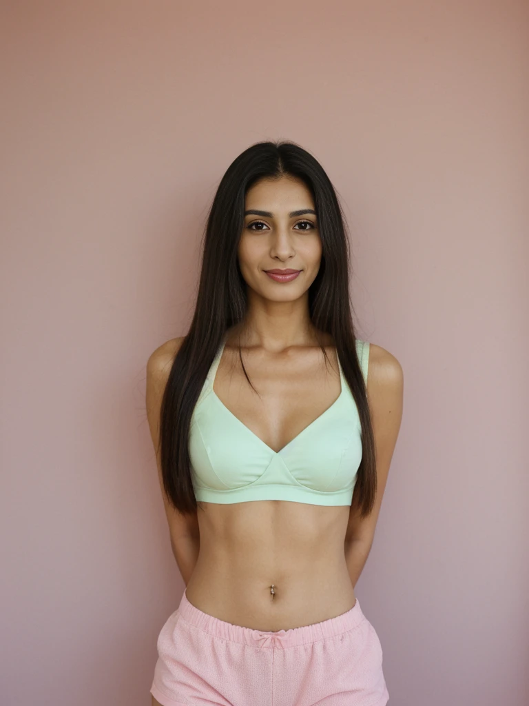 Rania, 1girl, solo, ((Egyptian woman)), consistent face and body, (()), ((30 years old)), (matu(slim)), ((Egyptian face)), (Egyptian nose), (Egyptian lips), ((long straight hair)), upper body and upper legs, (background: yoga mat), BREAK, (wearing pastel bra top and shorts), smirking, teasing
