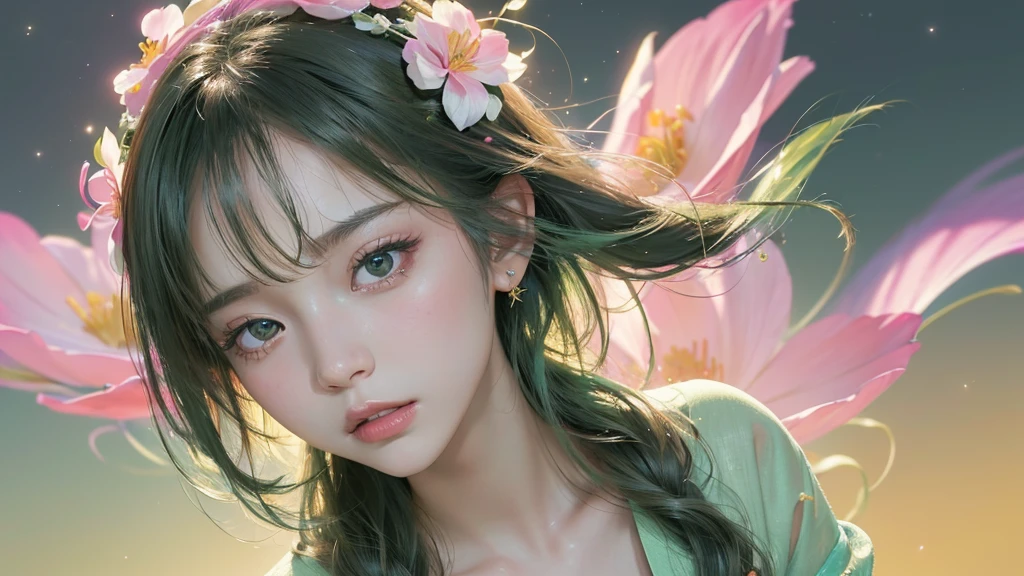 One girl, alone, flower畑, flower, (Official Art, unity 8k wallpaper, Super detailed, beautifully、aesthetic, masterpiece ,Highest quality:1.3), (Dynamic Angle:1.2), (Floating colorful sparkles:1) , elegant, Vibrant colors, Highly detailed face, Detailed eyes, Glowing Skin, Glossy Lips , Pale green background,