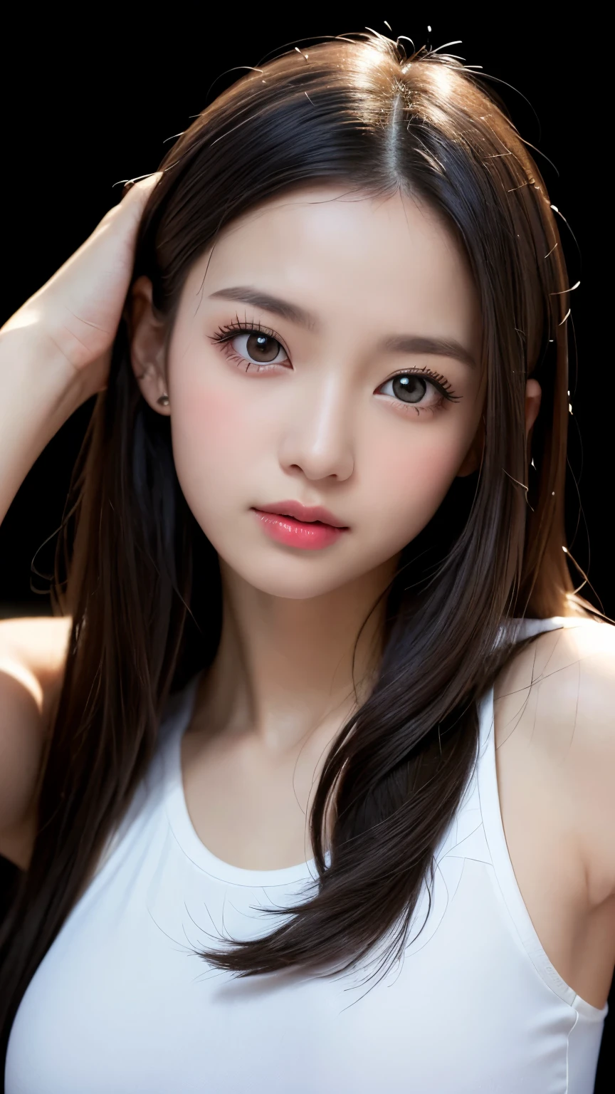(((forehead、Extreme pose、A calm face、long hair、Northern Europe、White、beautiful girl、Black Hair、White background、training wear、cute、Young、True Face、Shiny Hair、whole body)))、table top, highest quality, figure, super detailed, finely, High resolution, 8k wallpaper, Perfect dynamic composition, detailed and beautiful eyes, Deco out,bionde, breasts, Natural color lip,white background, random cute poses,
