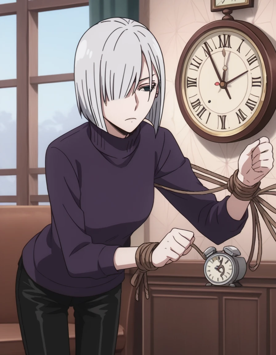 score_9, score_8_superior, score_7_superior, sauce_anime,
Fiona Frost, Fiona Frost, Gray Hair, short hair, Hair on one eye, Grey Eyes,
Long sleeve, pants, sweater, turtleneck, black pants, clock, turtleneck sweater, wristclock, purple sweater,
indoor, Leaning forward,Tied up with rope,gag,Struggling,