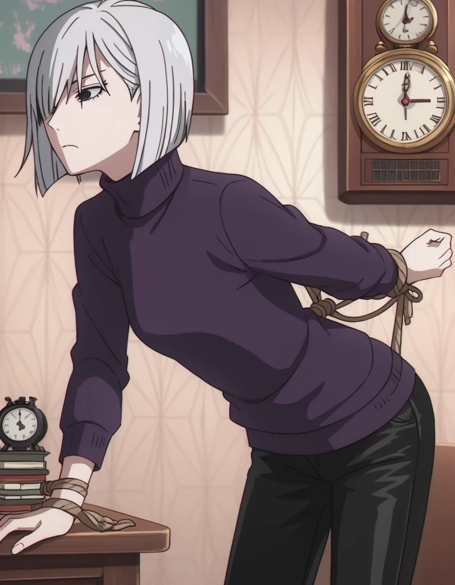 score_9, score_8_superior, score_7_superior, sauce_anime,
Fiona Frost, Fiona Frost, Gray Hair, short hair, Hair on one eye, Grey Eyes,
Long sleeve, pants, sweater, turtleneck, black pants, clock, turtleneck sweater, wristclock, purple sweater,
indoor, Leaning forward,Tied up with rope,gag,Struggling,