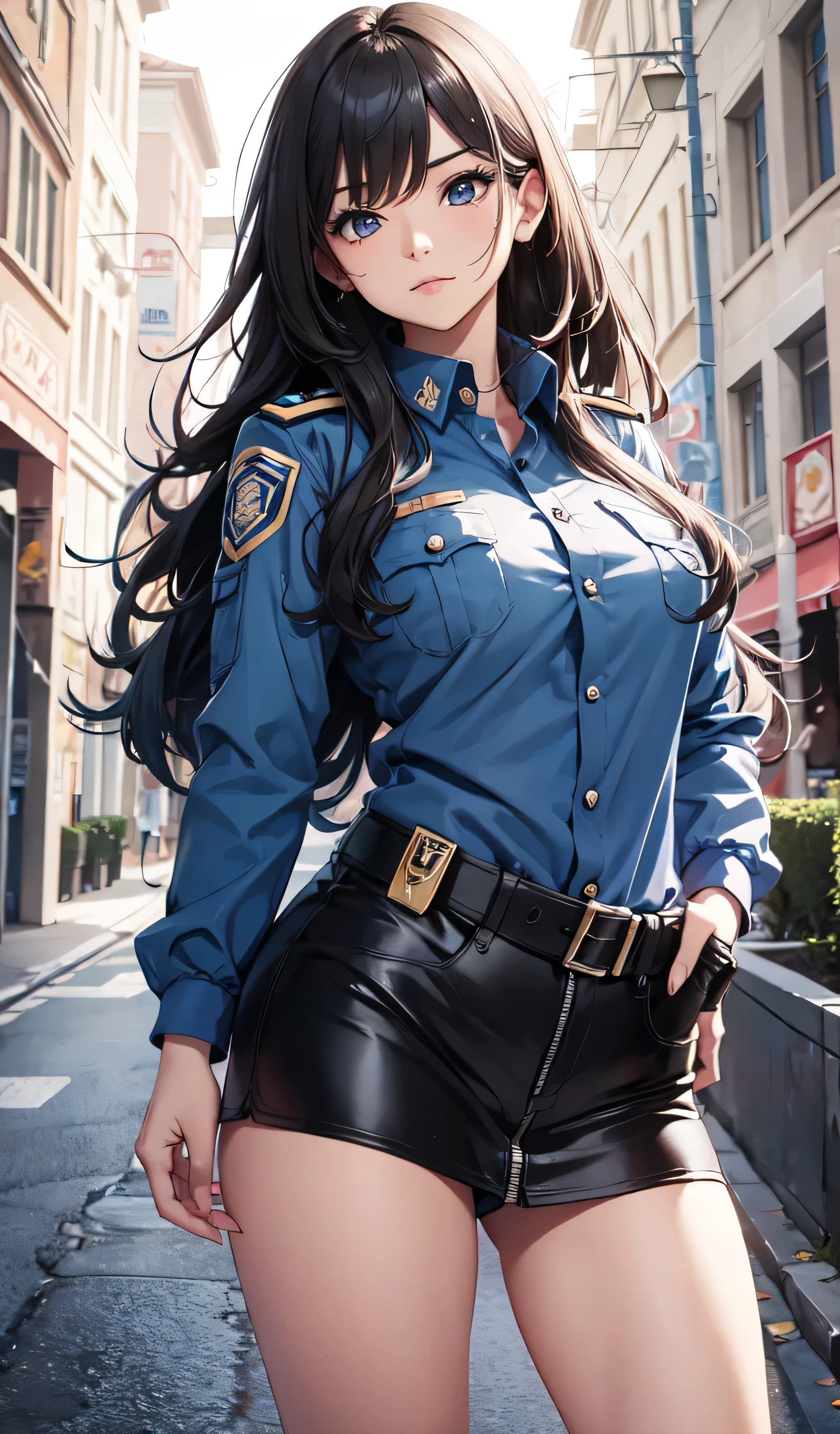 beautiful detailed girl, police uniform, long wavy hair, black hair