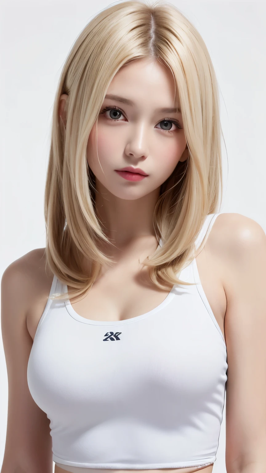 (((forehead、Extreme pose、A calm face、training wear、White Blonde Hair、Waist-length hair、Northern Europe、White、beautiful girl、Blonde、White background、cute、Young、True Face、Shiny Hair、whole body)))、table top, highest quality, figure, super detailed, finely, High resolution, 8k wallpaper, Perfect dynamic composition, detailed and beautiful eyes, Deco out,bionde, medium hair, big breasts, Natural color lip,white background, random cute poses,frill dress