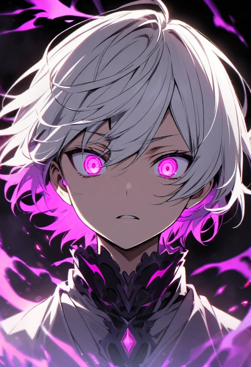  young, dark aura, boy, white hair, short hair, two colors eyes, one purple eyes, one pink eyes, glowing eyes