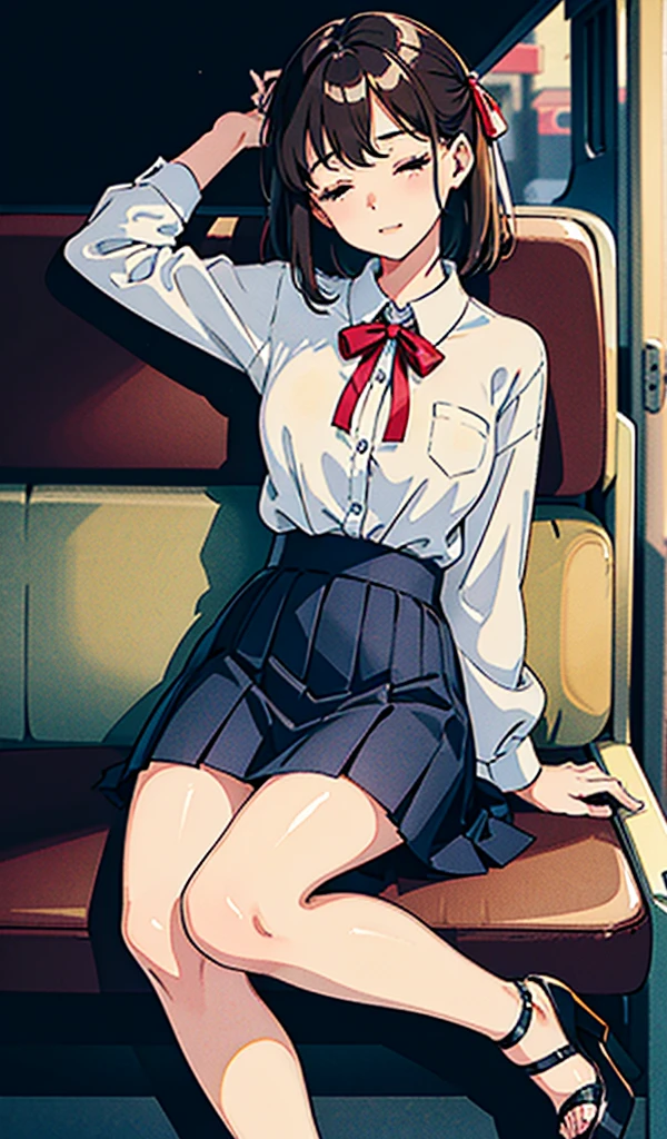20-year-old women,,Clear images、Real women 、Brown Hair, Medium Hair〜Half-up、She is sleeping soundly with her mouth open.., Slim figure ,Breasts are a little bigger than normal , Head to toe full body shot, Shiny white high heels、 Blouse with ribbon on the chest、Checkered mini skirt, Sit comfortably in the back of the bus, 、私 threw my head back and fell into a deep sleep..,Arms hanging down. I'm exhausted on the way home after work..Sleeping like the dead.My knees are open, Both feet are on the floor, sleeping face, close your eyes, Mouth wide open and drool、Tilt your head back and look up, I can rest my head on the seat and sleep soundly..., Anatomically correct,Composition looking up from the front