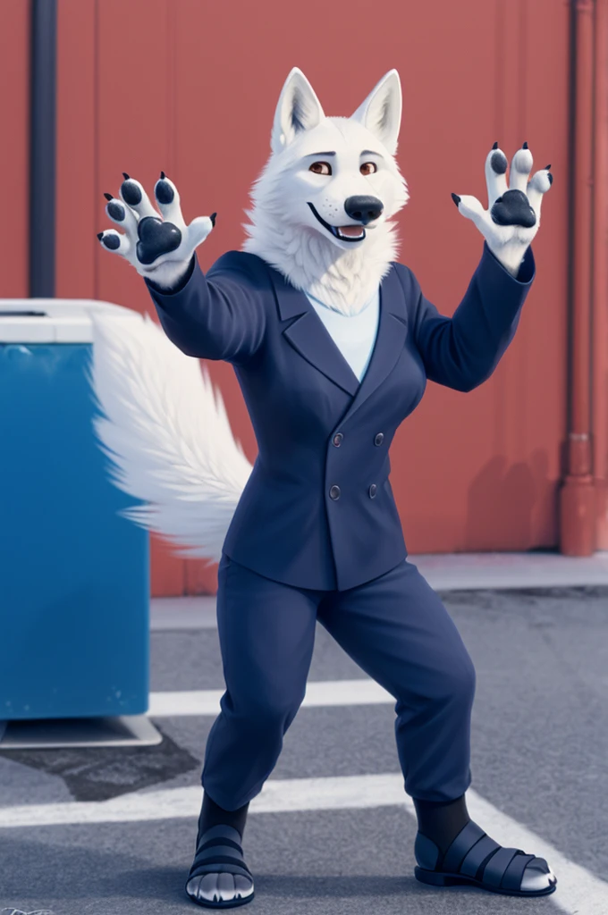 Barbara\(Moscow\), (white body:1.3), White fur, Brown eyes, Moscow, dressed, Black jacket,trousers,BLUE,blue open heel sandals, canine, wolf, detailed fur, female, breast, second, paw pads, finger claws, waving, waving at viewer, 5 fingers, paws, 4 toes,ring, 
BREAK from nextel, for dating, by xenoforge, (difficult, high detail, film photography, soft focus, RAW Сидит,
photorealism, realistic, photorealistic, digital style, Subsurface scattering,
masterpiece, Best quality, ultra realistic, 8 thousand.)