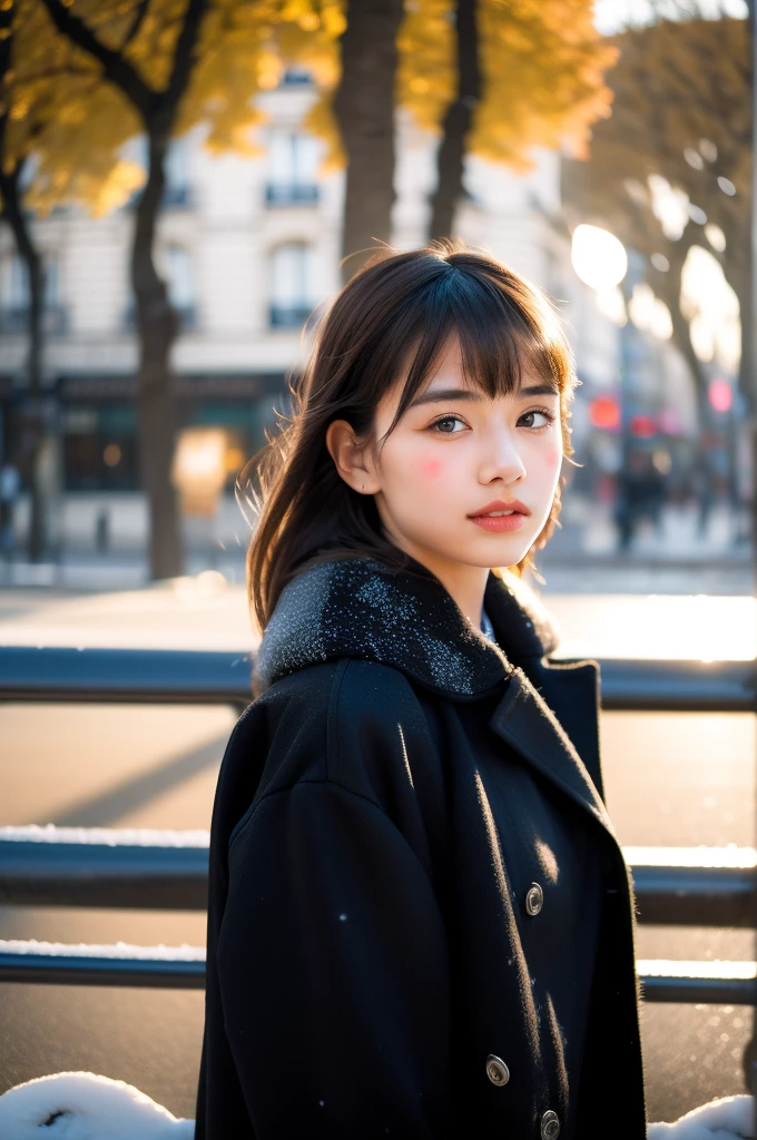 youth,1girl,looking at viewer, full body,jewelry, necklace, realistic, brown hair, blurry background, blurry,bangs, black eyes,paris,fashion,peoples in background, winter coat, dynamic pose, motion blur, Warm sun,Winter,snow,