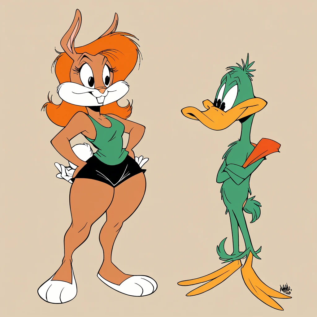 Babs bunny, in the cyberworld, at the cyberbeach, wearing black shorts, daffy duck in the scene, has thick thighs, curved smiling, chuck jones style, 80s hybrid eary cgi technology,