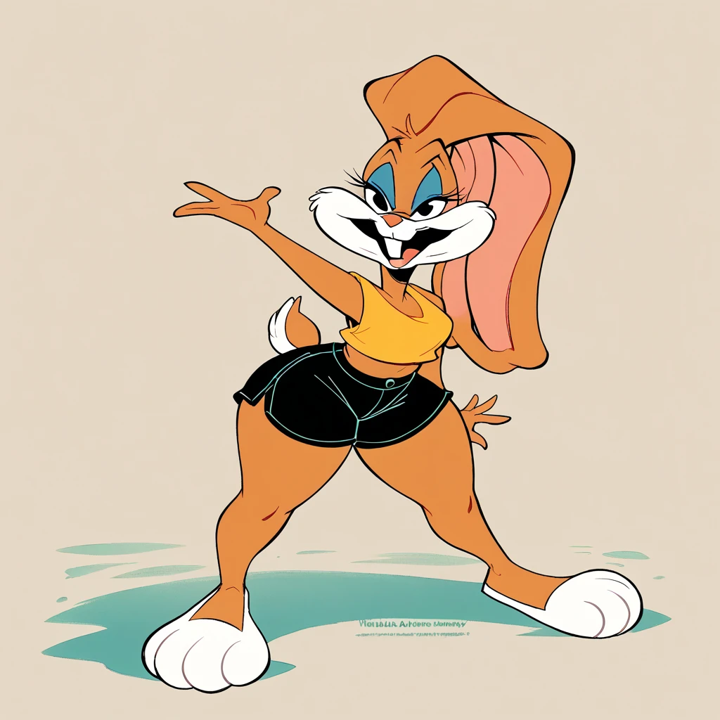 Babs bunny, in the cyberworld, at the cyberbeach, wearing black shorts, daffy duck in the scene, has thick thighs, curved smiling, chuck jones style, 80s hybrid eary cgi technology,