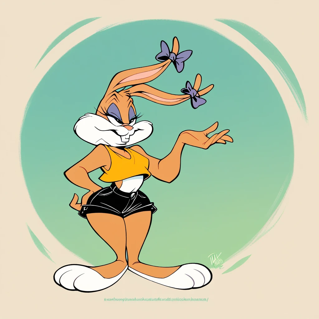 Babs bunny, in the cyberworld, at the cyberbeach, wearing black shorts, daffy duck in the scene, has thick thighs, curved smiling, chuck jones style, 80s hybrid eary cgi technology,