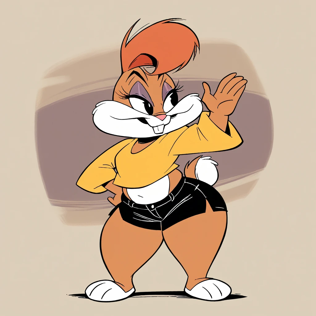 Babs bunny, in the cyberworld, at the cyberbeach, wearing black shorts, daffy duck in the scene, has thick thighs, curved smiling, chuck jones style, 80s hybrid eary cgi technology,