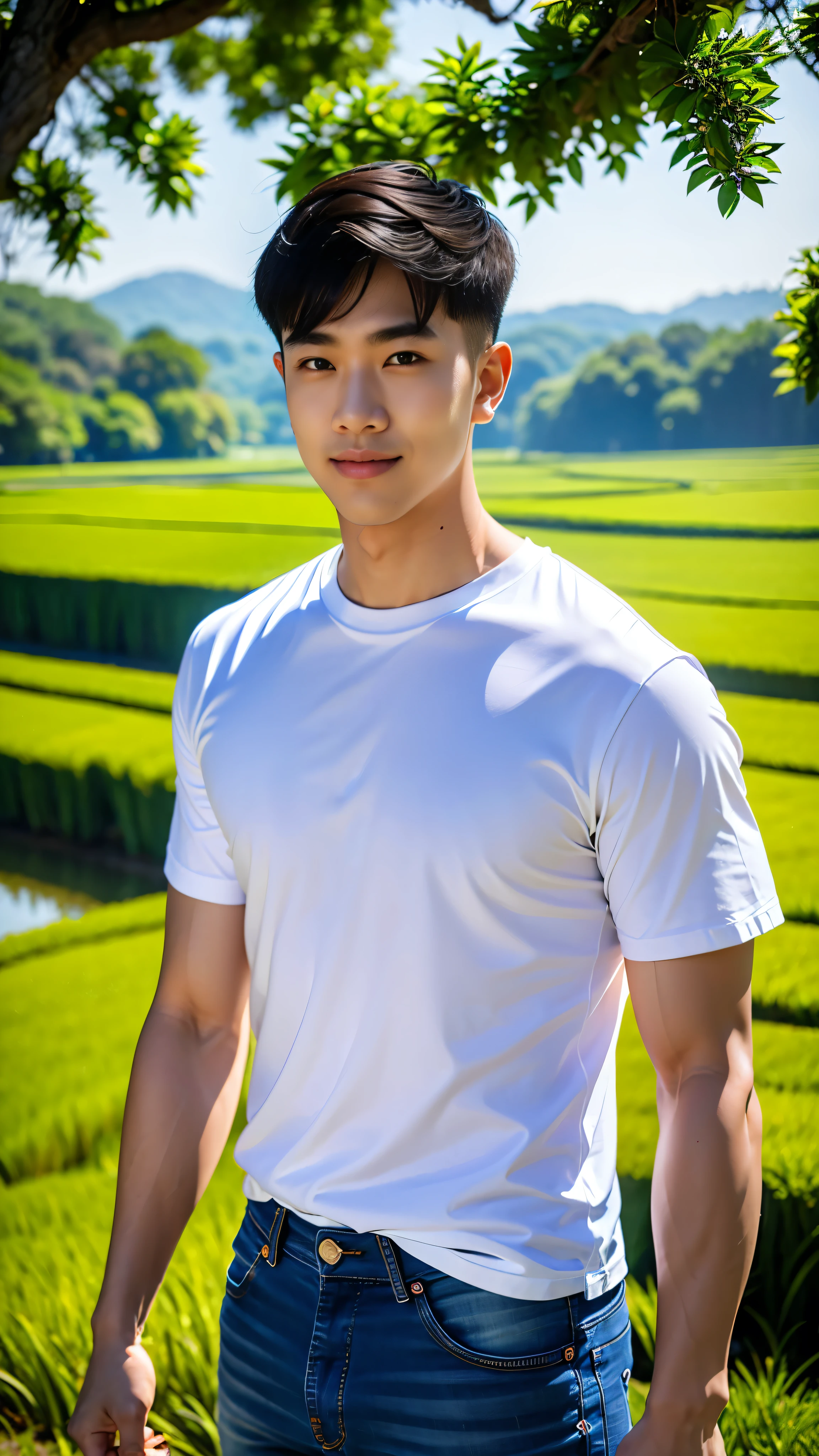 1 homme, sourire, (Portez une chemise blanche à col rond., chemise à manches courtes marque under armour), (jeans), (gars coréen) , Hommes coréens, (éclairage réaliste), Muscles de la poitrine, muscles des gros bras, Vaisseau sanguin, Gros muscles, Épaules larges, En regardant le public, Équilibrer le contact visuel), (rizières), (ทุ่งrizières) , Asseyez-vous à l'ombre