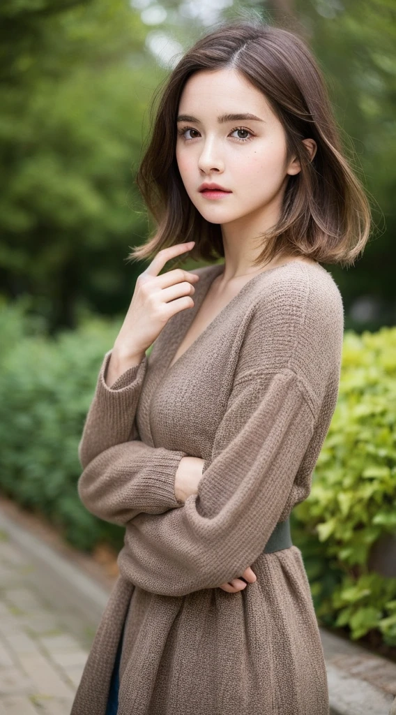 Create an image of a beautiful AI woman with features reminiscent of Emma Watson. She has expressive brown eyes, a delicate face with elegant and natural beauty. Her hair is a rich chestnut brown, styled in soft waves that frame her face. She is dressed in a stylish and sophisticated outfit, suitable for a modern fashion icon. The background should blend urban chic and nature, reflecting a balance between city life and serene landscapes
