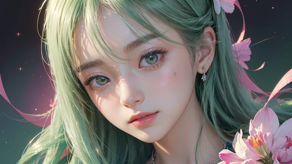 One girl, alone, flower畑, flower, (Official Art, unity 8k wallpaper, Super detailed, beautifully、aesthetic, masterpiece ,Highest quality:1.3), (Dynamic Angle:1.2), (Floating colorful sparkles:1) , elegant, Vibrant colors, Highly detailed face, Detailed eyes, Glowing Skin, Glossy Lips , Pale green background,