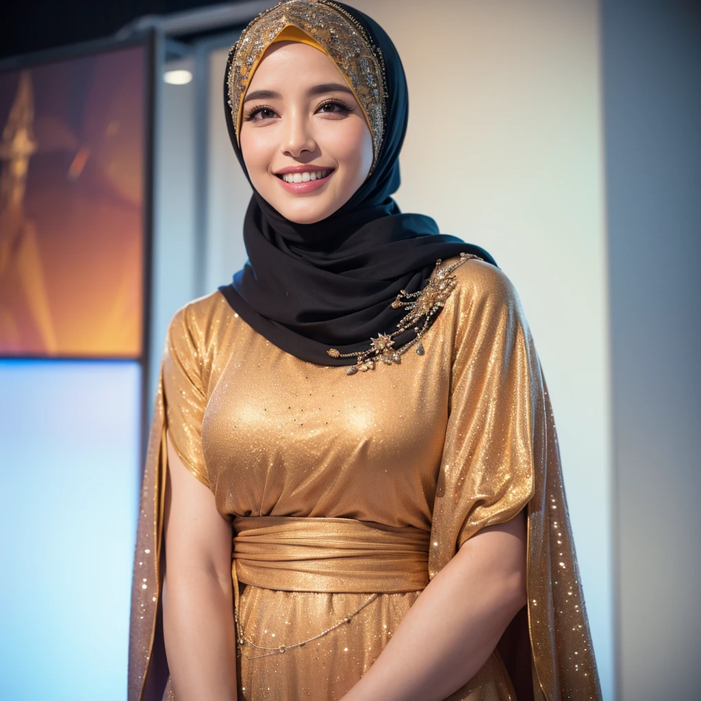 a gorgeous 42 year old woman, 1girl, silk abaya, hijab, smiling shyly visible teeth, hot mom, portrait, best quality, 4k, 8k, highres, masterpiece, ultra-detailed, realistic, photorealistic, photo-realistic, HDR, UHD, studio lighting, ultra-fine painting, sharp focus, physically-based rendering, extreme detail description, professional, vivid colors, bokeh, portraits, warm color tones, dramatic lighting