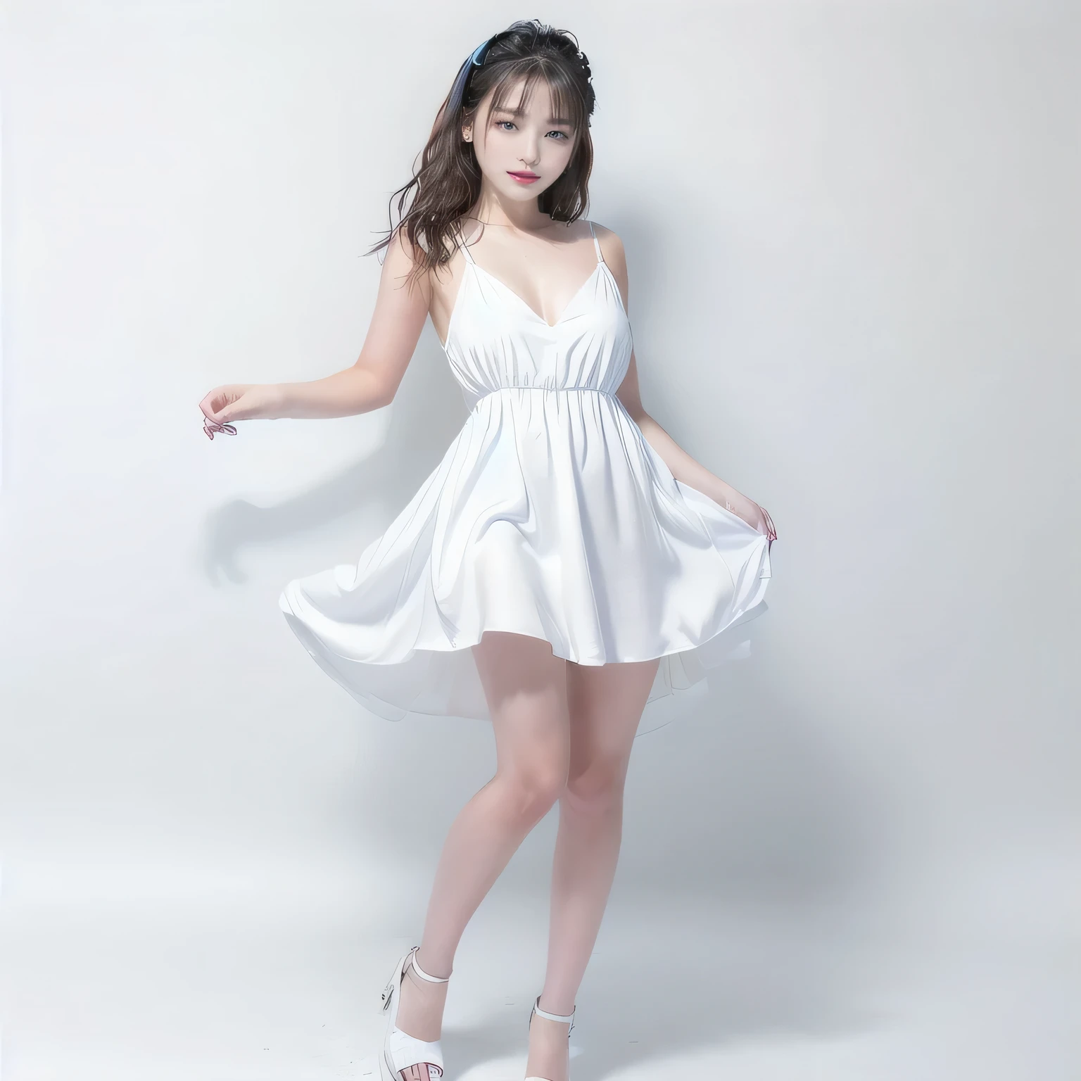 a girls:18yo , {Double big eyes、eye shadow},full body White Dress, wearing a wet white Short dress, White Dress, wearing White Dress, wearing along White Dress, Short dress, wearing a cute White Dress, pretty White Dress, {{see-through white polygon dress:}, y Dress, Short mini dress, wearing a White Dress, Open dress, White fashionable clothes