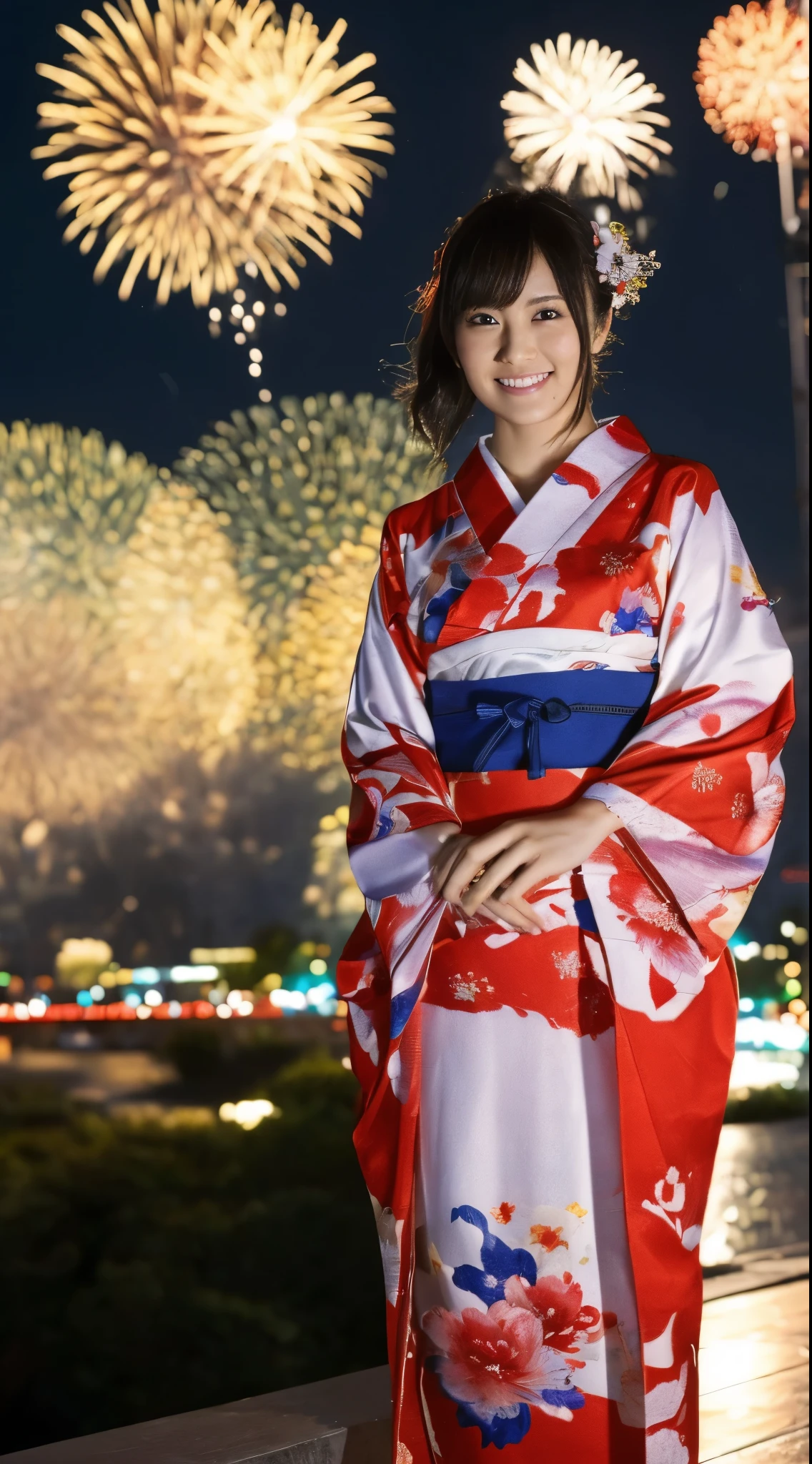 ((masterpiece(:1.4),Highest quality,Ultra-high resolution,Highest quality,8k,Extremely detailed,In detail))。night,Fireworks display,Summer festival,Japanese,Female college student,Yukata,Japanese hairstyle,geta,cute,Clear,(Fireworks displayのnightに河川敷で花火を背景にしたスナップ写真),Hyper Quality