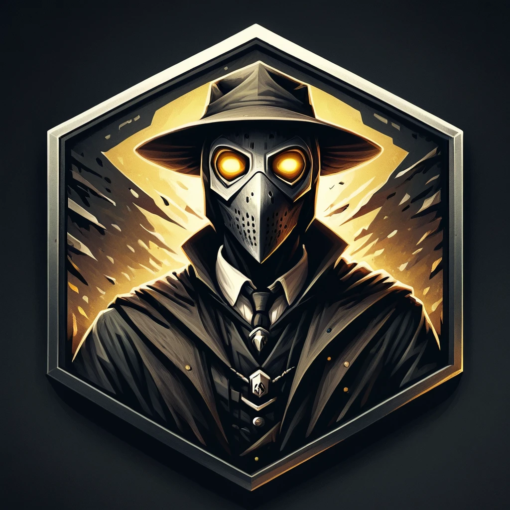 ultra high resolution, detailed, best quality, badgetype,solo badge,counter strike2 type badge,solo,looking at viewer,yellow eyes,1boy,male focus,no humans,mask,glowing,white background,portrait,straight-on,plague doctor, hat, solo, cloak