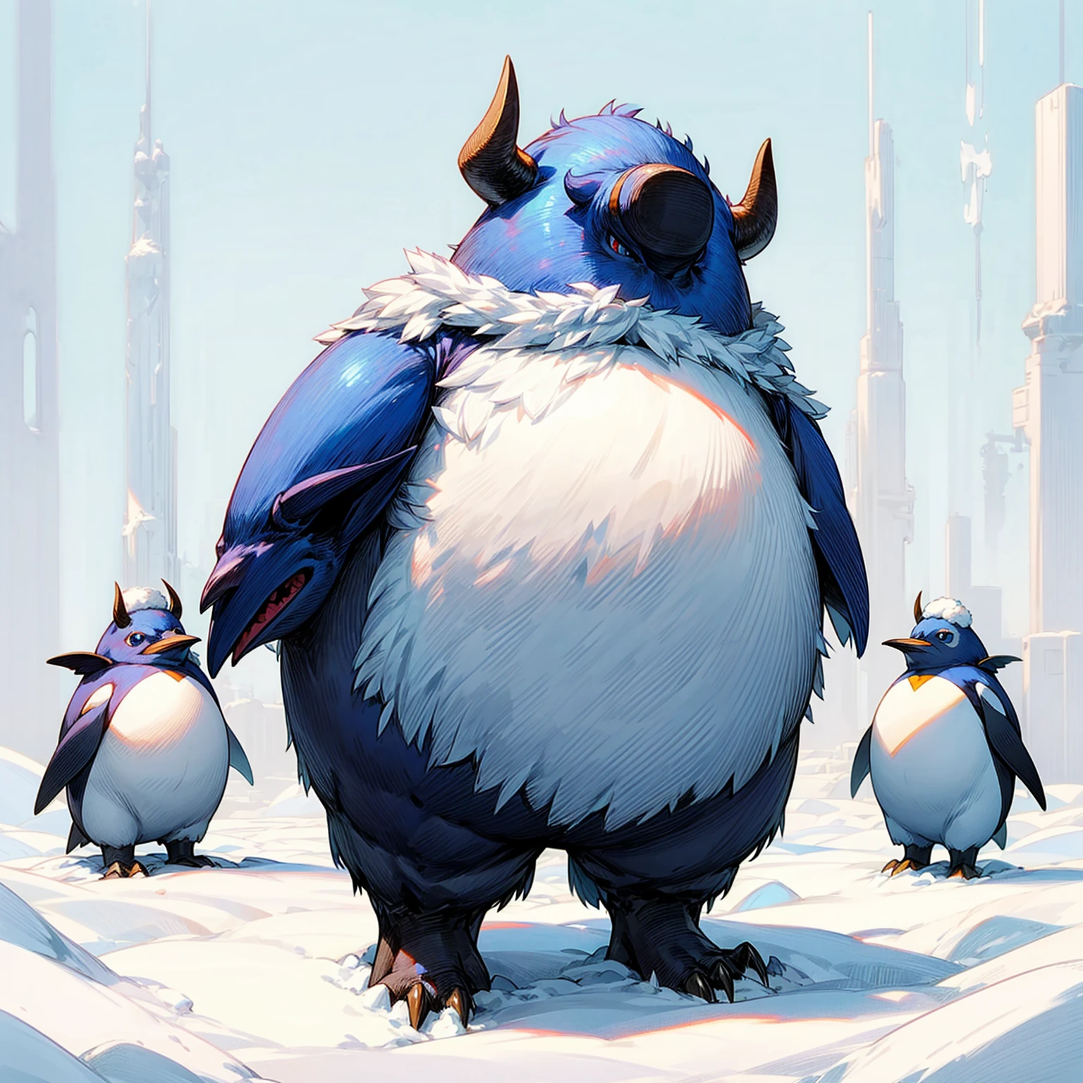 1character, Full body version, blue bison mixed with penguin, blue eyes, bison head mixed, very fat stomach, Grassroots, full background in snow, cute animal 