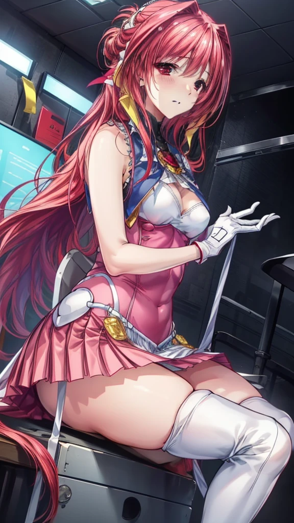 12k,Escalayer,long hair,hair_ornament,Red eyes,Pink Dress,White long gloves,thigh_boots, Embarrassing ,blush,,,White panties,,masterpiece,Noise Reduction,Perfect Anatomy,High resolution, Very detailed,Game CG,Dutch Angle ,Beautiful attention to detail,Visual Arts,Five Fingers, Perfect hands, Perfect lighting,,Red eyes,(銀hair:1.4),Wicked Smile,(Inside the futuristic base:1.1)