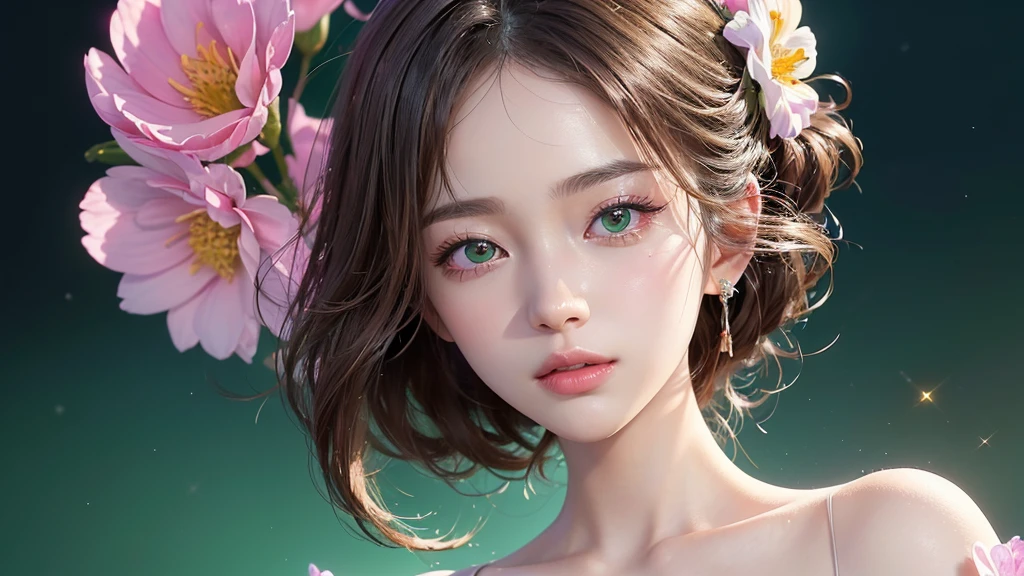 One girl, alone, flower畑, flower, (Official Art, unity 8k wallpaper, Super detailed, beautifully、aesthetic, masterpiece ,Highest quality:1.3), (Dynamic Angle:1.2), (Floating colorful sparkles:1) , elegant, Vibrant colors, Highly detailed face, Detailed eyes, Glowing Skin, Glossy Lips , Pale green background,