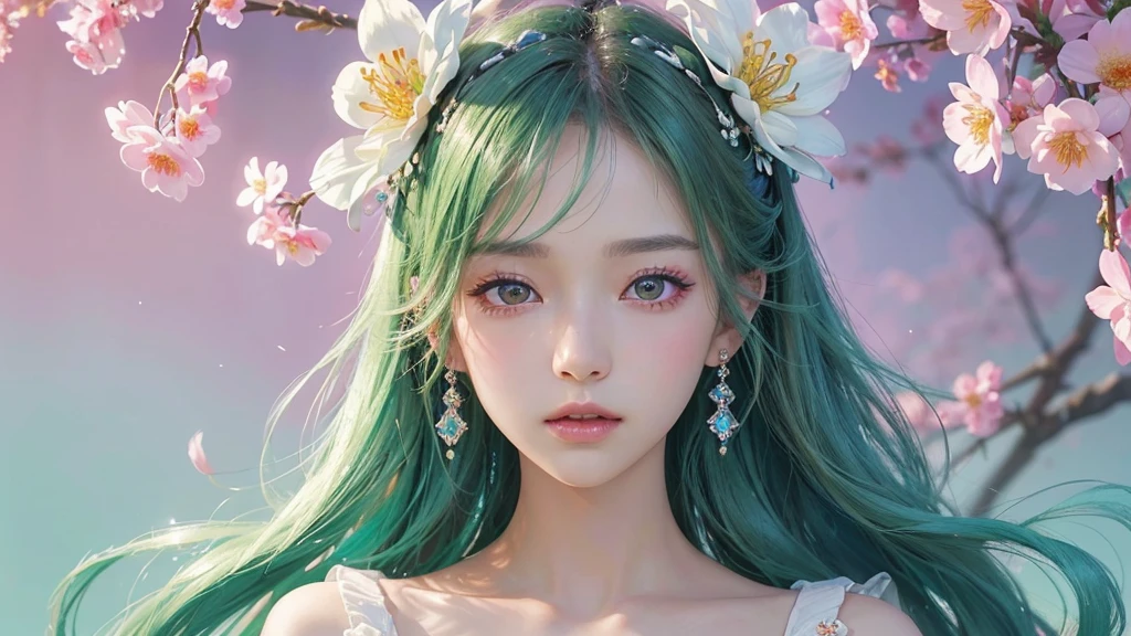 One girl, alone, flower畑, flower, (Official Art, unity 8k wallpaper, Super detailed, beautifully、aesthetic, masterpiece ,Highest quality:1.3), (Dynamic Angle:1.2), (Floating colorful sparkles:1) , elegant, Vibrant colors, Highly detailed face, Detailed eyes, Glowing Skin, Glossy Lips , Pale green background,