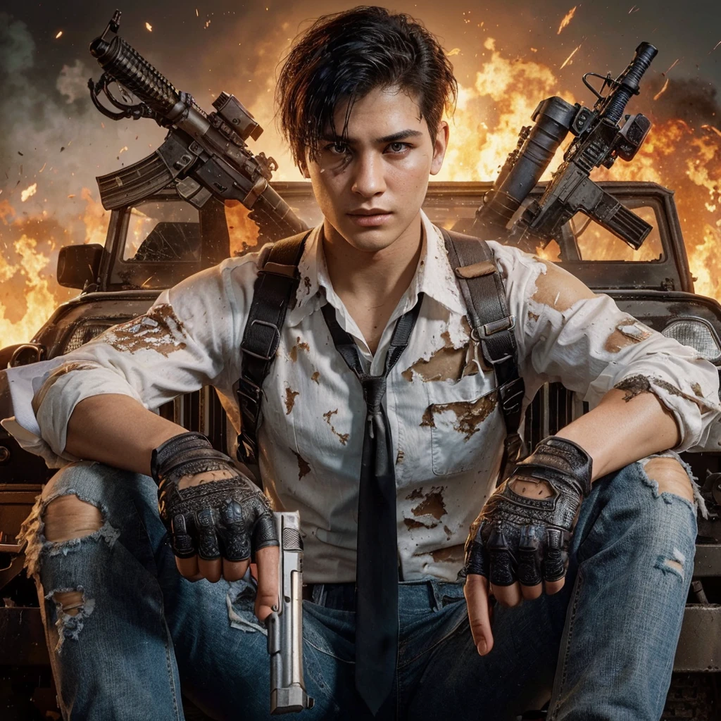 young man, wearing destroyed white button shirt with black tie, half hand gloves, blue jeans, short hair, army harness, ride jeep, holding a dual guns, PUBG background, flame, visible face, extremely detailed, extreme detail description, Ultra HD, 8k, best quality, PUBG