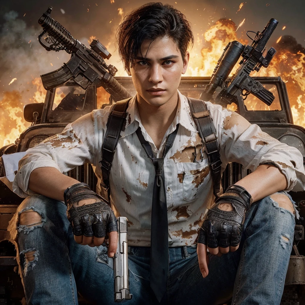 young man, wearing destroyed white button shirt with black tie, half hand gloves, blue jeans, short hair, army harness, ride jeep, holding a dual guns, PUBG background, flame, visible face, extremely detailed, extreme detail description, Ultra HD, 8k, best quality, PUBG
