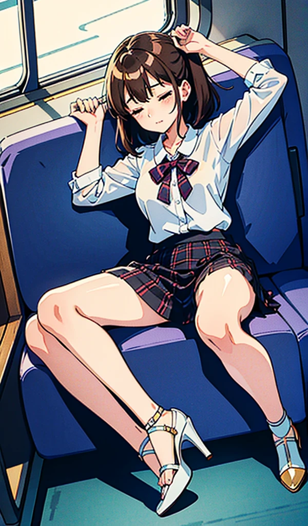 20-year-old women,,Clear images、Real women 、Brown Hair, Medium Hair〜Half-up、She is sleeping soundly with her mouth open.., Slim figure , are a little bigger than normal , Head to toe full body shot, Shiny white high heels、 Blouse with ribbon on the chest、Checkered mini skirt, Sit comfortably in the back of the bus, 、私 threw my head back and fell into a deep sleep..,Arms hanging down. I'm exhausted on the way home after work..Sleeping like the dead.My knees are open, Both feet are on the floor, sleeping face, close your eyes, Mouth wide open and drool、Tilt your head back and look up, I can rest my head on the seat and sleep soundly..., Anatomically correct,Composition looking up from the front