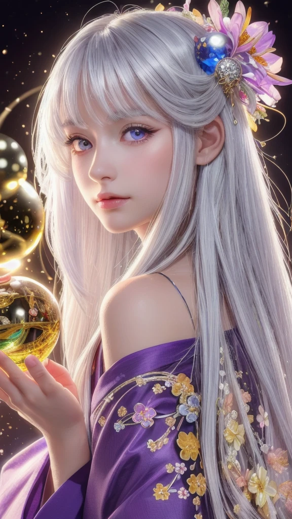 (masterpiece:1.3), (8k, photorealistic, raw photo, highest quality:1.4), (one girl), beautiful face, (realistic face), (long hair), (silver hair, near white hair, shiny hair, beautiful straight hair), (even bangs), (sharp bangs), straight hairstyle, realistic eyes, beautiful detailed eyes (purple eyes), (sharp eyes), (realistic skin), beautiful skin, (kimono), (magician's kimono), (flower hair ornament), attractive, ultra high resolution, ultra realistic, highly detailed, golden ratio, colorful background, (flowers blooming), (energy dancing background), magician, facing forward, facing from shoulders, looking straight ahead, both shoulders facing towards you, holding crystal ball, (heart crystal ball, love crystal ball).