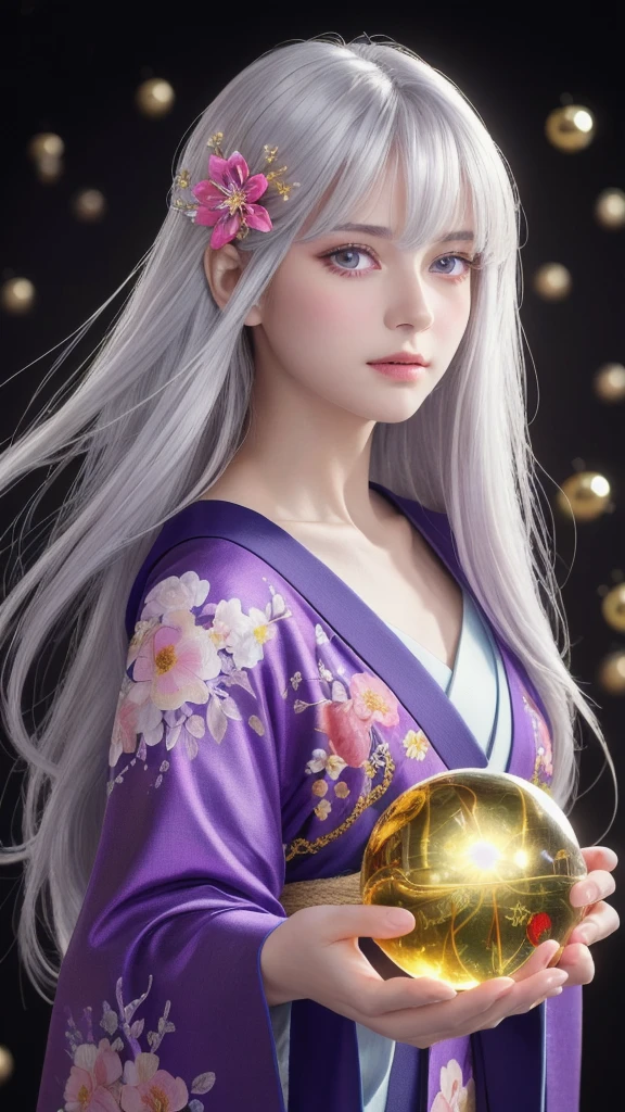 (masterpiece:1.3), (8k, photorealistic, raw photo, highest quality:1.4), (one girl), beautiful face, (realistic face), (long hair), (silver hair, near white hair, shiny hair, beautiful straight hair), (even bangs), (sharp bangs), straight hairstyle, realistic eyes, beautiful detailed eyes (purple eyes), (sharp eyes), (realistic skin), beautiful skin, (kimono), (magician's kimono), (flower hair ornament), attractive, ultra high resolution, ultra realistic, highly detailed, golden ratio, colorful background, (flowers blooming), (energy dancing background), magician, facing forward, facing from shoulders, looking straight ahead, both shoulders facing towards you, holding crystal ball, (heart crystal ball, love crystal ball).