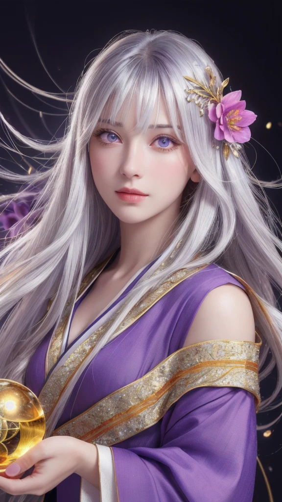 (masterpiece:1.3), (8k, photorealistic, raw photo, highest quality:1.4), (one girl), beautiful face, (realistic face), (long hair), (silver hair, near white hair, shiny hair, beautiful straight hair), (even bangs), (sharp bangs), straight hairstyle, realistic eyes, beautiful detailed eyes (purple eyes), (sharp eyes), (realistic skin), beautiful skin, (kimono), (magician's kimono), (flower hair ornament), attractive, ultra high resolution, ultra realistic, highly detailed, golden ratio, colorful background, (flowers blooming), (energy dancing background), magician, facing forward, facing from shoulders, looking straight ahead, both shoulders facing towards you, holding crystal ball, (heart crystal ball, love crystal ball).