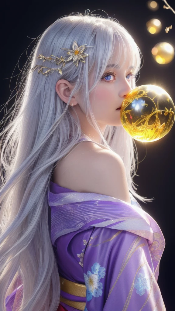 (masterpiece:1.3), (8k, photorealistic, raw photo, highest quality:1.4), (one girl), beautiful face, (realistic face), (long hair), (silver hair, near white hair, shiny hair, beautiful straight hair), (even bangs), (sharp bangs), straight hairstyle, realistic eyes, beautiful detailed eyes (purple eyes), (sharp eyes), (realistic skin), beautiful skin, (kimono), (magician's kimono), (flower hair ornament), attractive, ultra high resolution, ultra realistic, highly detailed, golden ratio, colorful background, (flowers blooming), (energy dancing background), magician, facing forward, facing from shoulders, looking straight ahead, both shoulders facing towards you, holding crystal ball, (heart crystal ball, love crystal ball).