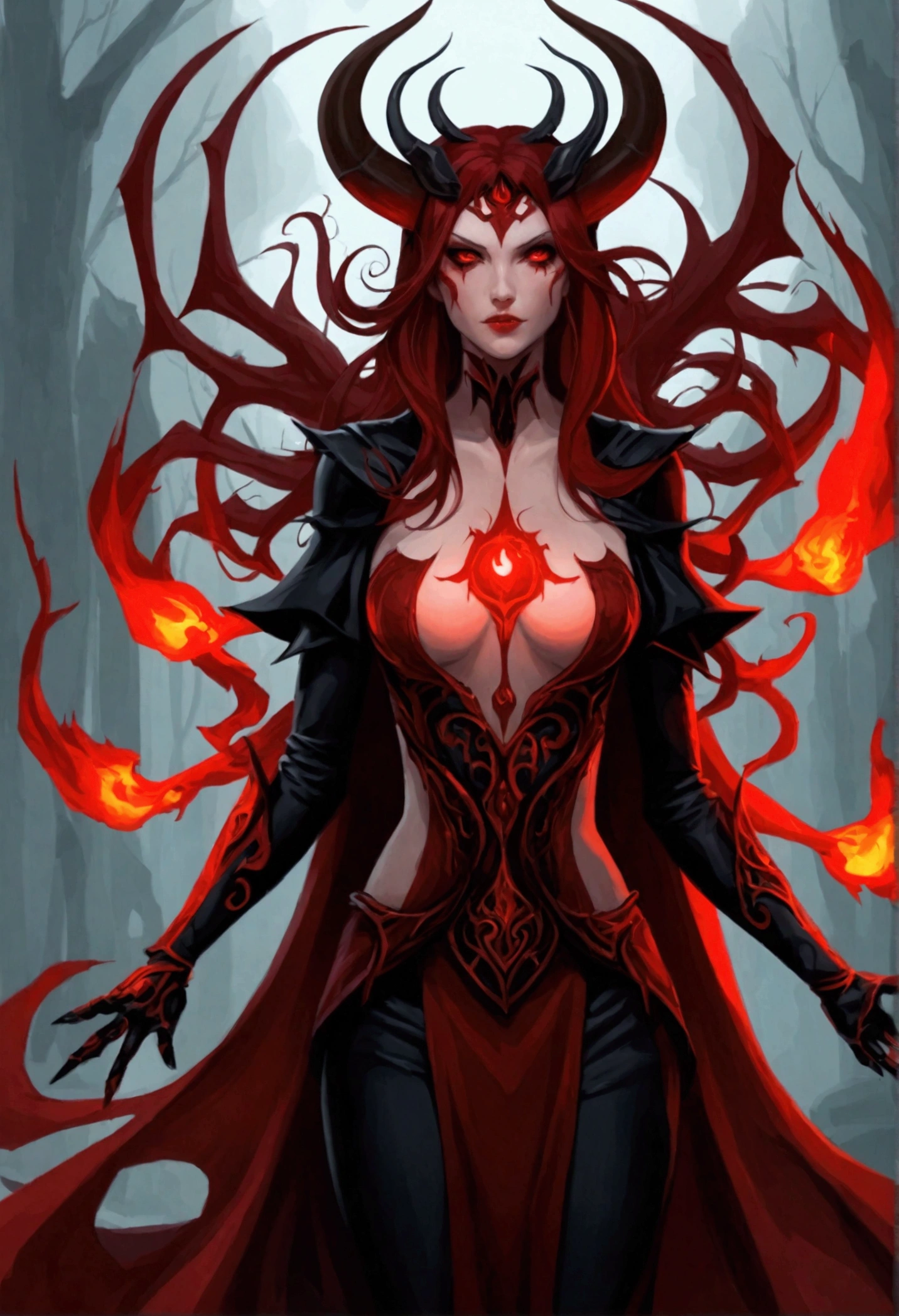 The female demon stands tall,menacing, Exudes an aura of hatred and malice. Her clothes were black and torn, Her eyes flashed a disturbing crimson. She represents everything contrary to unity and positivity