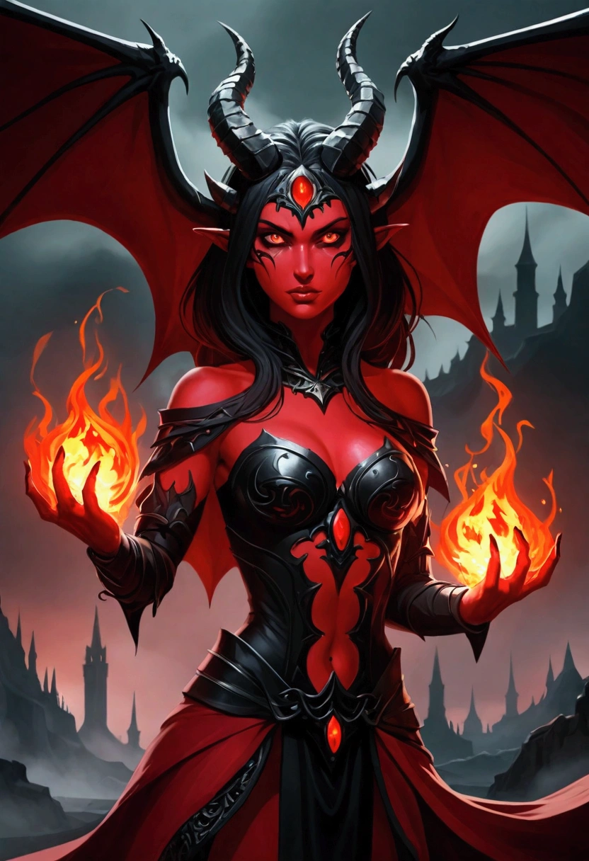 The female demon stands tall，menacing, Exudes an aura of hatred and malice. Her clothes were black and torn, Her eyes flashed a disturbing crimson. She represents everything contrary to unity and positivity