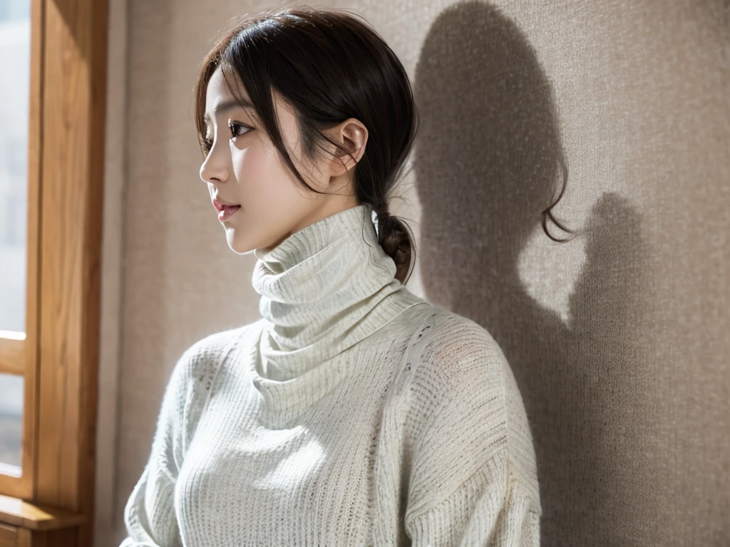 (((masterpiece, best quality,ultra-detailed,8k,high resolution))), (upper body),24 years old ,Japanese girl, 1girl, short hair, (Cover half face with a turtleneck sweater:1.8),put hand on turtleneck lapel