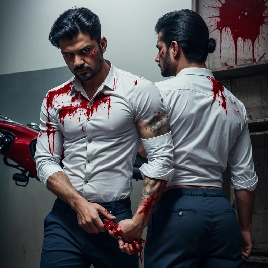 Create a picture in a light background, where a man is wearing white full sleeve shirt and navy blue pant showing his back, in one hand he is holding a chopper and blood is dropping from the chopperand lastly give a horror effect to the picture