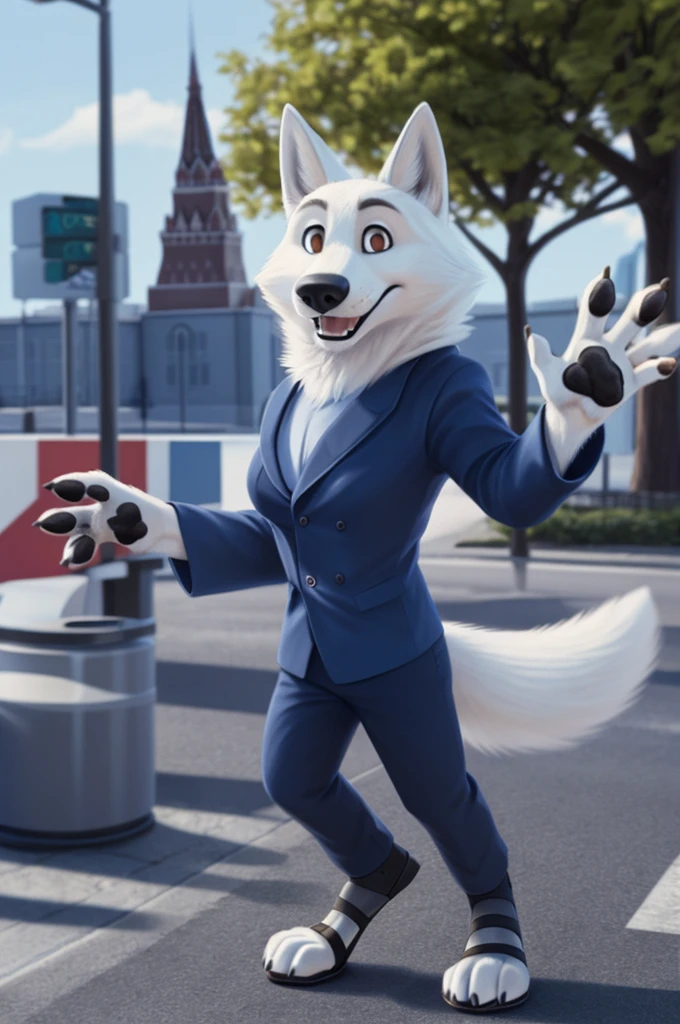 Barbara\(Moscow\), (white body:1.3), White fur, Brown eyes, Moscow, dressed, blazer, shirt, trousers,BLUE,blue open heel sandals, canine, wolf, detailed fur, female, breast, second, paw pads, finger claws, waving, waving at viewer, 5 fingers, paws, 4 toes,ring, 
BREAK from nextel, for dating, by xenoforge, (difficult, high detail, film photography, soft focus, RAW Сидит,
photorealism, realistic, photorealistic, digital style, Subsurface scattering,
masterpiece, Best quality, ultra realistic, 8 thousand.)