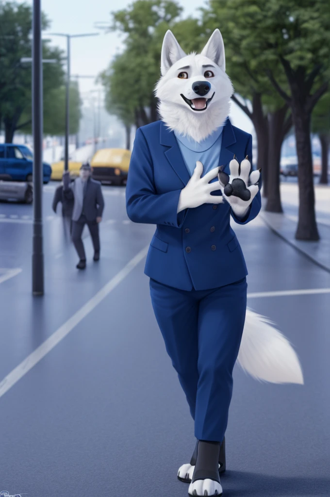 Barbara\(Moscow\), (white body:1.3), White fur, Brown eyes, Moscow, dressed, blazer, shirt, trousers,BLUE,blue open heel sandals, canine, wolf, detailed fur, female, breast, second, paw pads, finger claws, waving, waving at viewer, 5 fingers, paws, 4 toes,ring,
BREAK from nextel, for dating, by xenoforge, (difficult, high detail, film photography, soft focus, RAW Сидит,
photorealism, realistic, photorealistic, digital style, Subsurface scattering,
masterpiece, Best quality, ultra realistic, 8 thousand.)