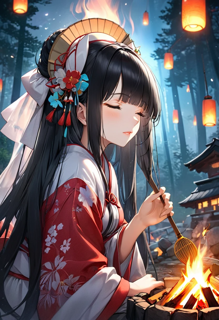 (profile, panoramic, beautiful style), (solo:2, 15 yo), (beautiful blunt bangs:1.3) (beautiful detailed black hair, long hair) (shrine maiden sexy girl, sexy closed eyes, glossy lip), hand holding detailedFolding fan with double exposure:1.3 green), break, in the night campfire shrine scaffold, BREAK, perfect anatomy, masterpiece, best quality, 16k, beautiful detailed campfire, daydreaming expression.