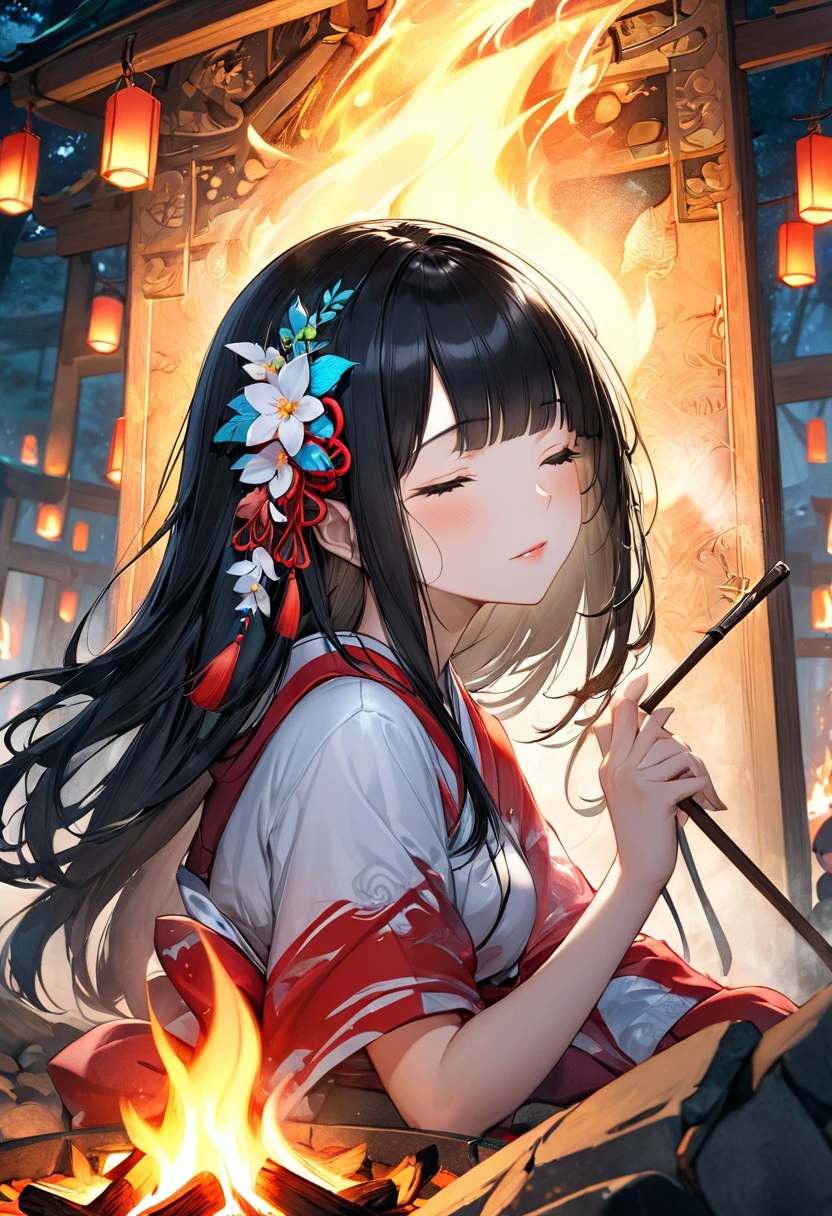(profile, panoramic, beautiful style), (solo:2, 15 yo), (beautiful blunt bangs:1.3) (beautiful detailed black hair, long hair) (shrine maiden sexy girl, sexy closed eyes, glossy lip), hand holding detailedFolding fan with double exposure:1.3 green), break, in the night campfire shrine scaffold, BREAK, perfect anatomy, masterpiece, best quality, 16k, beautiful detailed campfire, daydreaming expression.