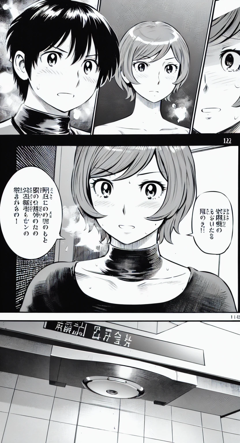 、(masterpiece、Highest quality)、Highest quality, Ultra-high resolution, (((masterpiece))), alone, Sweat、Big eyes, Composition from the front、Shortcuts、Embarrassed face、Blonde Hair、Short back hair、Monochrome、Pencil drawing、comics、Bathroom、Shower scene、 exposed、Completely naked、pubic hair、belly button、Large areola、Nipples、short hair