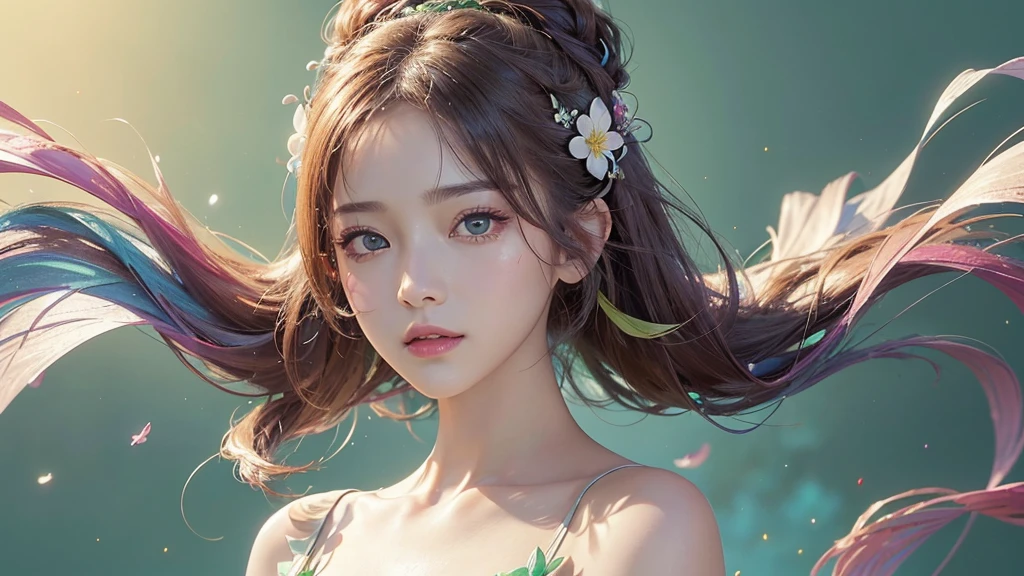 One girl, alone, flower畑, flower, (Official Art, unity 8k wallpaper, Super detailed, beautifully、aesthetic, masterpiece ,Highest quality:1.3), (Dynamic Angle:1.2), (Floating colorful sparkles:1) , elegant, Vibrant colors, Highly detailed face, Detailed eyes, Glowing Skin, Glossy Lips , Pale green background,