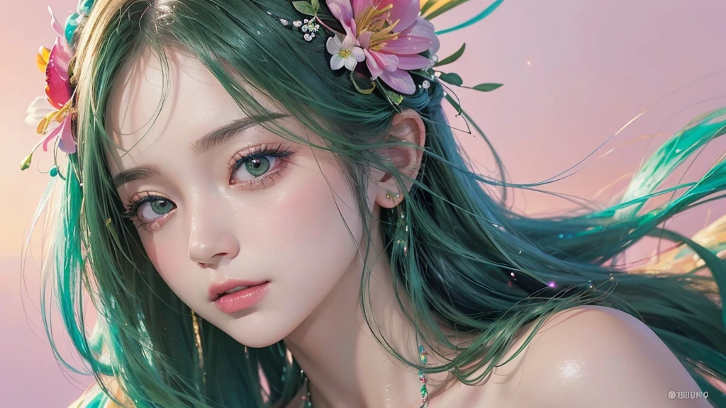 One girl, alone, flower畑, flower, (Official Art, unity 8k wallpaper, Super detailed, beautifully、aesthetic, masterpiece ,Highest quality:1.3), (Dynamic Angle:1.2), (Floating colorful sparkles:1) , elegant, Vibrant colors, Highly detailed face, Detailed eyes, Glowing Skin, Glossy Lips , Pale green background,