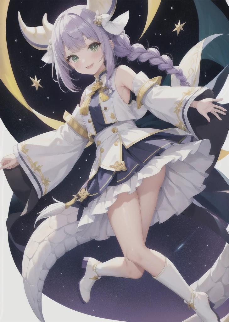 One girl, White Deer \(Serious Star Rail\), Wool skirt, smile, Purple Hair, Braid, Open your mouth, Long Hair,  Green Eyes, Dragon Horn, Removable sleeves, cute, Clothes, Braid, Yellow tassel, blue and white Clothes, Black Skirt, barefoot, White background, masterpiece, Highest quality,  detailed,  whole body, short boots, masterpiece, Highest quality,Peace Smile