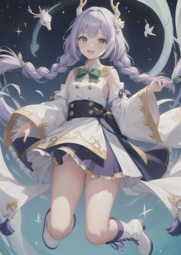 One girl, White Deer \(Serious Star Rail\), Wool skirt, smile, Purple Hair, Braid, Open your mouth, Long Hair,  Green Eyes, Dragon Horn, Removable sleeves, cute, Clothes, Braid, Yellow tassel, blue and white Clothes, Black Skirt, barefoot, White background, masterpiece, Highest quality,  detailed,  whole body, short boots, masterpiece, Highest quality,Peace Smile
